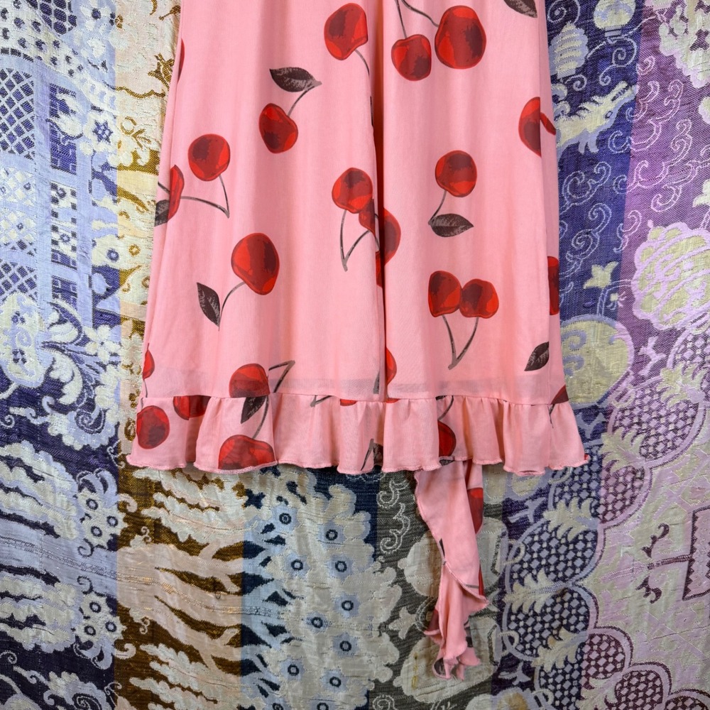 Pink Red Cherry Print Ruffle Hem Above the Knee Dress Size M - Picture 9 of 11